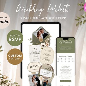 Vintage Olive & Ivory Wedding Website with RSVP Function: Editable Canva Template (Digital Download)