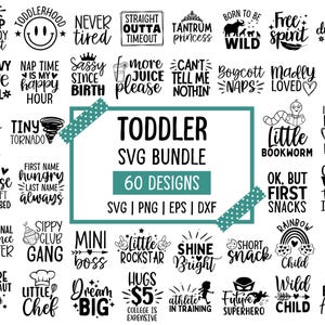May include: A bundle of 60 SVG designs for toddlers, featuring phrases and graphics. The designs include text such as "Eat Sleep Destroy Repeat," "Mini Boss," and "Little Rockstar," alongside illustrations of a tornado, a dinosaur, and a rainbow.