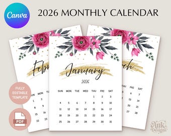 2026 Druckbarer & Bearbeitbarer Kalender: Attraktiver Monatsplaner (Digitaler Download)