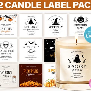 May include: A 12-piece candle label pack featuring various Halloween-themed designs with black and orange graphics, including ghosts, pumpkins, skulls, and bats. A clear glass candle jar displays a Spooky Season label with a ghost illustration.