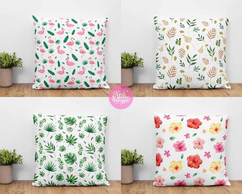 May include: Four decorative cushions with various patterns. One cushion displays pink flamingos and green leaves on a white backdrop. Another has green and brown leaves. The third has green leaves, and the fourth has red, pink, and yellow flowers.