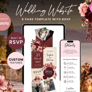 Burgundy & Blush Romance Wedding Website with RSVP Function: Editable Canva Template (Digital Download)