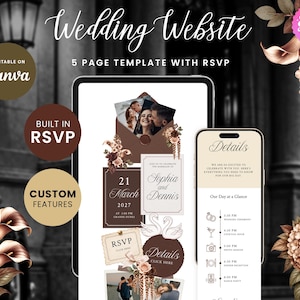 Chocolate & Champagne Wedding Website with RSVP Function: Editable Canva Template (Digital Download)