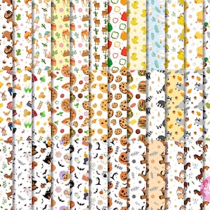 May include: A selection of digital paper designs with repeating patterns. The patterns include animals, food items like pizza and cookies, and Halloween themes. The animal patterns feature lions, camels, and horses.