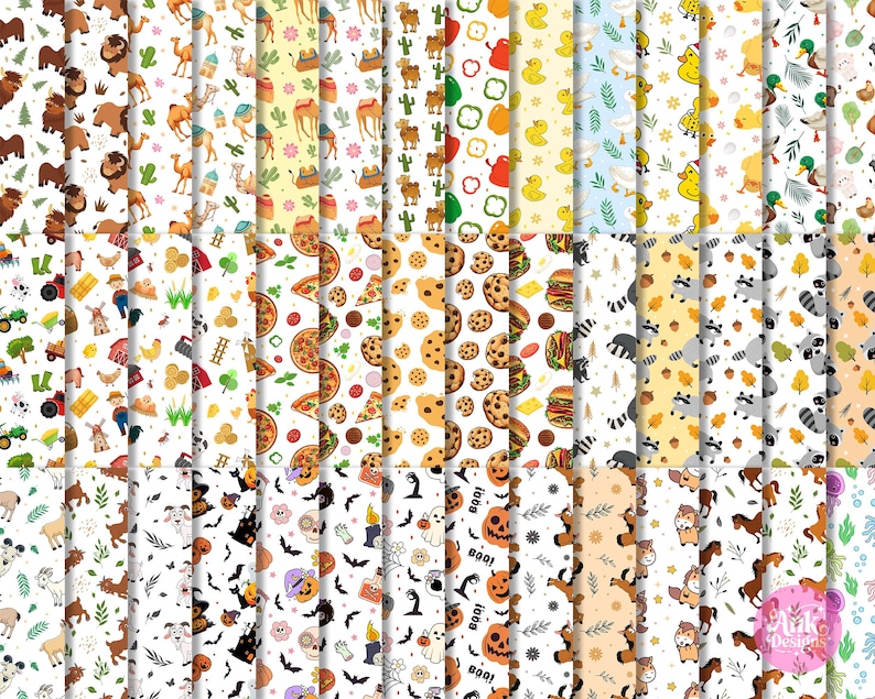 May include: A selection of digital paper designs with repeating patterns. The patterns include animals, food items like pizza and cookies, and Halloween themes. The animal patterns feature lions, camels, and horses.