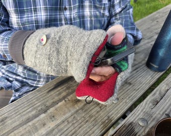 Texting Handschuhe, Upcycled Pullover Handschuhe, gefilzte Wolle Flip Top Handschuhe, Kaschmir gefüttert, patentiertes Design, handgefertigt in Detroit, One of a Kind