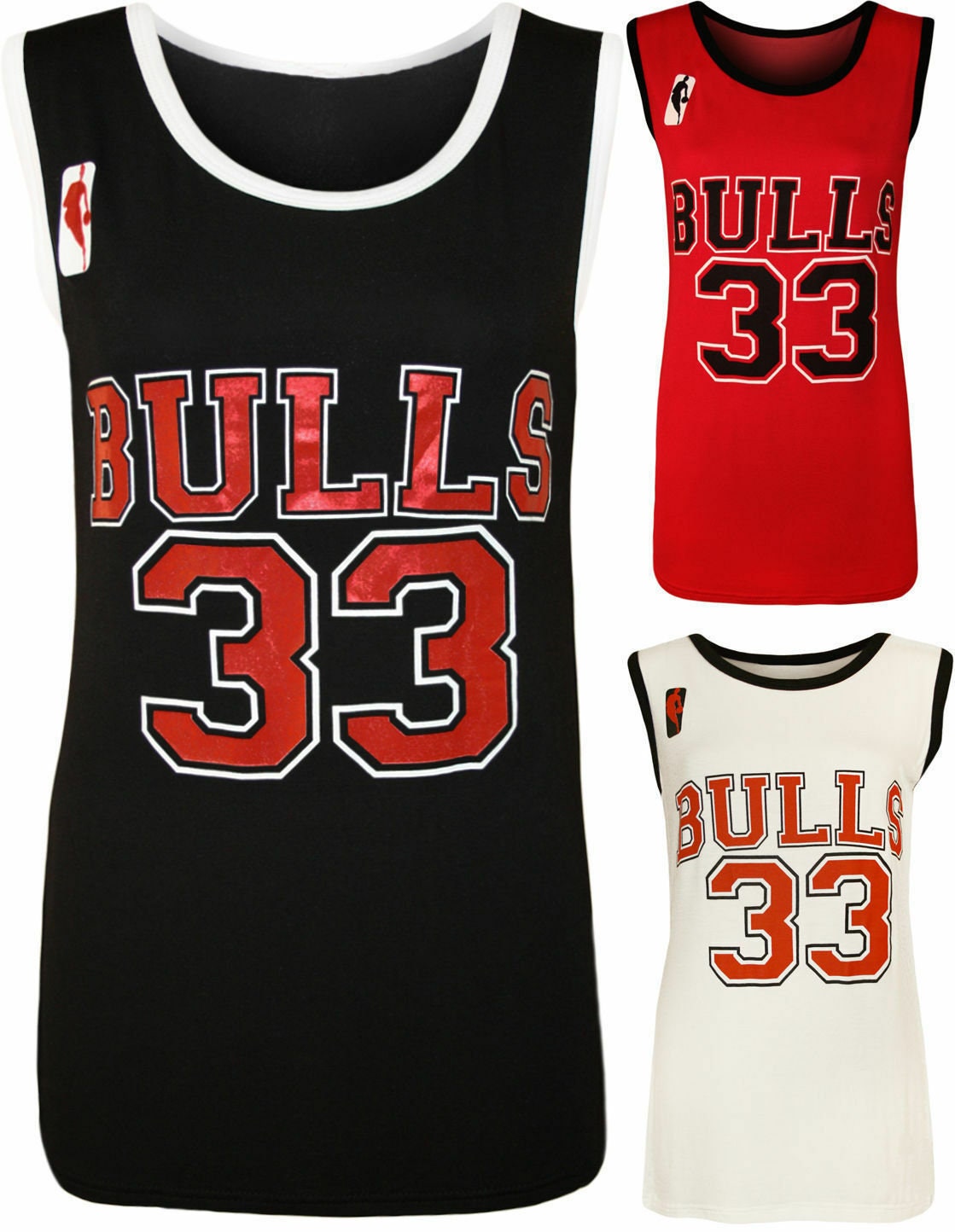 New Ladies BULLS 33 Print Basketball Baggy Long Vest Top & BULLS Bra …