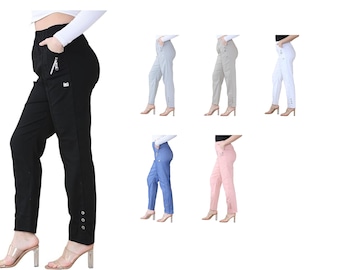 Women&#39;s Full Length Cherry Berry Trousers Ladies Italian Plain Casual Stretchy Elasticated Waist Pants Size 10-24