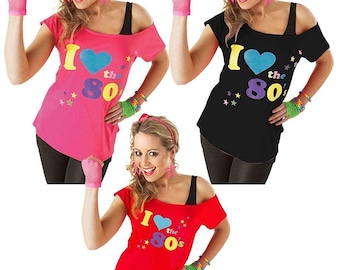 I Love The 80&#39;s T-Shirt 1980s Pink Print 80 Party Girl Fancy Festival Dress Women Ladies Tee Top