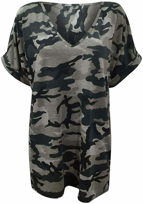 Womens Ladies Camouflage Grey V Neck Batwing Oversized Baggy Top Plus Size