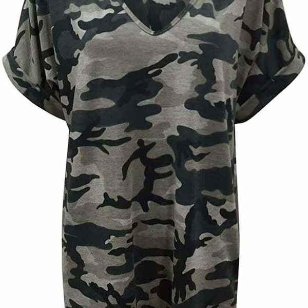 Womens Ladies Camouflage Grey V Neck Batwing Oversized Baggy Top Plus Size