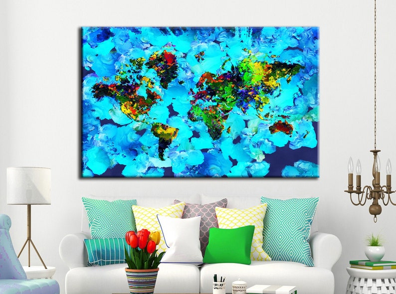 World Map Canvas Wall Art World Map Oil Painting Print Wall Etsy