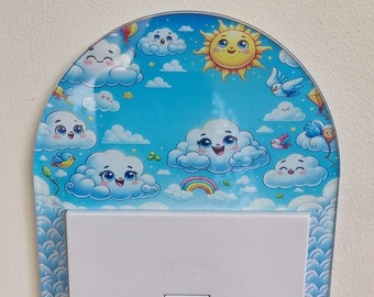 Sky light switch surround for children room, light cover clouds and rainbow nursery decor, blue light decoration, bedroom, kids, happy sun