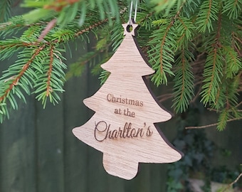 Christmas tree wooden personalised hanging, family name, xmas decoration, stocking filler, secret Santa, family gift, decor, rustic natural