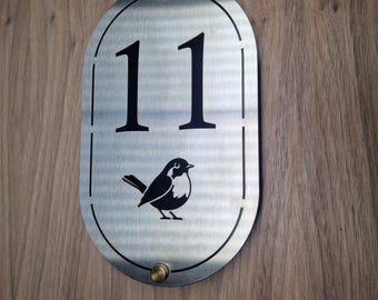 Brushed Stainless Steel House Number Sign – Modern Oval Plaque with Robin Silhouette