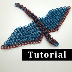 May include: A chainmail dragonfly in blue and red, with the word "Tutorial" in a black rectangle. The dragonfly is made of small, interlocking metal rings, creating a textured, geometric pattern. The wings are blue with red edges.