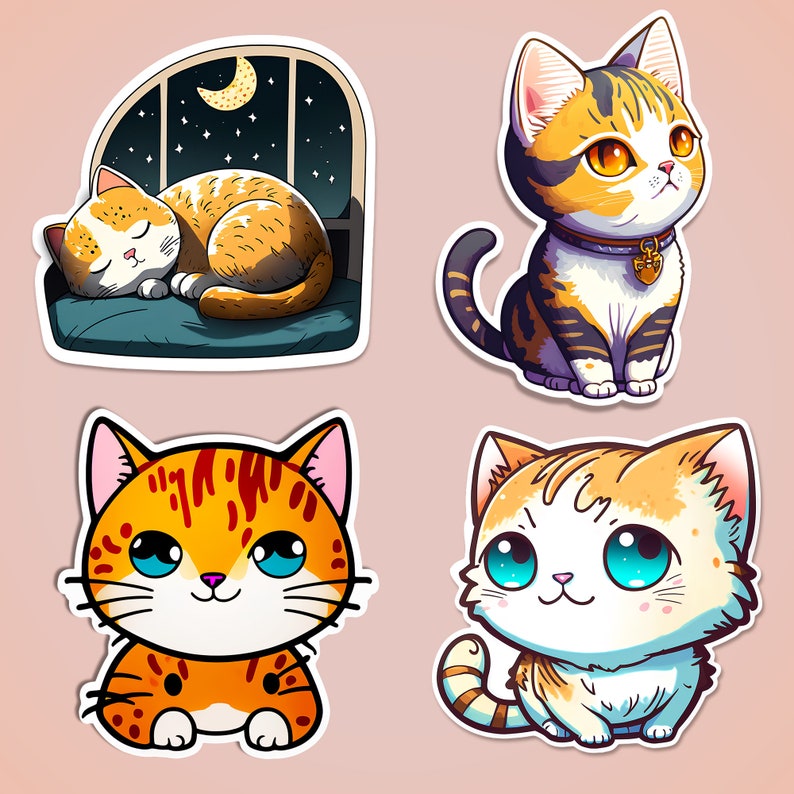 Cute Kitty Sticker Style Mix Images. PNG. Digital Download Only
