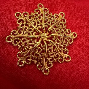 Könnte beinhalten: Eine goldfarbene Filigran-Schneeflocken-Brosche. Die Brosche hat ein detailliertes, offenes Design mit einer zentralen Blume und radialen Linien. Die Brosche ist vor einem roten Hintergrund platziert.