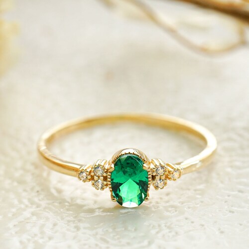 10K Solid Gold Elegant Thin Band Dainty Ring Oval Cut Emerald - Etsy