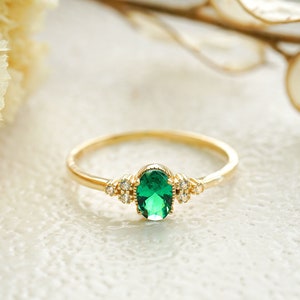 Real Solid Gold Emerald Dainty Stackable Ring | Real Gold Emerald Statement Delicate Thin Band Ring | Gift for Her | Dainty Ring