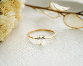 14K Pear Engagement Ring | 14k Solid Gold Pear Shaped Halo Engagement Ring | Solitaire Wedding Ring | Pear Bridal Ring | Simple Wedding Ring