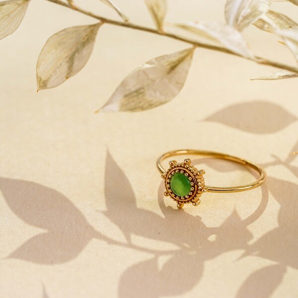 14K Gold Jade Ring | Natural Jade Ring | Jade Gemstone Gold Ring | Green Jade Stone Ring | Sun Ring | May Birthstone Ring | Wedding Ring