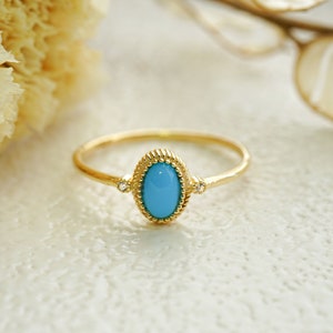 14K Solid Gold Turquoise Ring Natural Turquoise Gemstone Ring Oval Turquoise Ring December Birthstone Unique Wedding Ring image 2