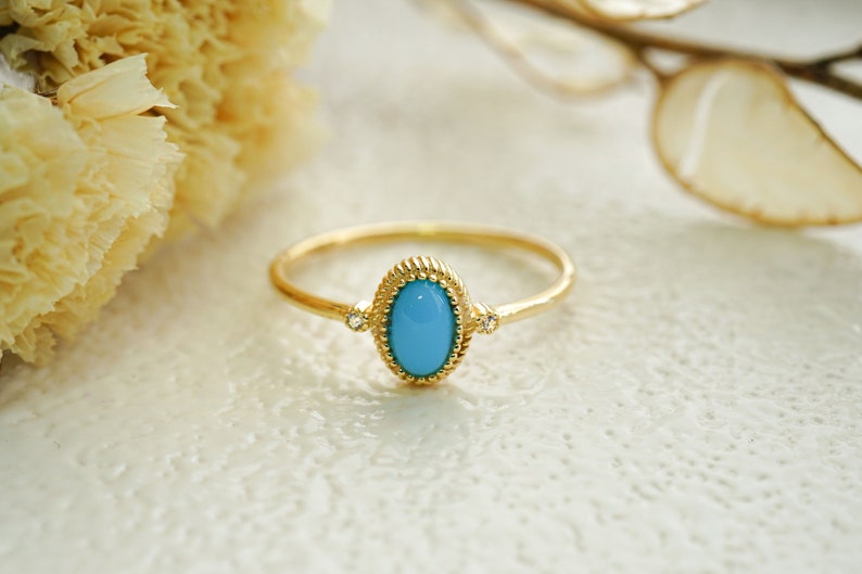 14K Solid Gold Turquoise Ring Natural Turquoise Gemstone Ring Oval Turquoise Ring December Birthstone Unique Wedding Ring image 2
