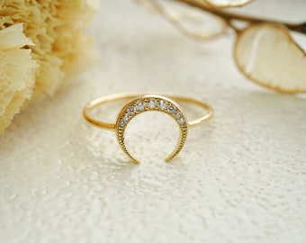 14k Gold Diamond Moon Ring | Silver Crescent Moon Ring | Stackable Cuff Ring | Minimalist Moon Ring | Celestial Ring | Mother's Gift