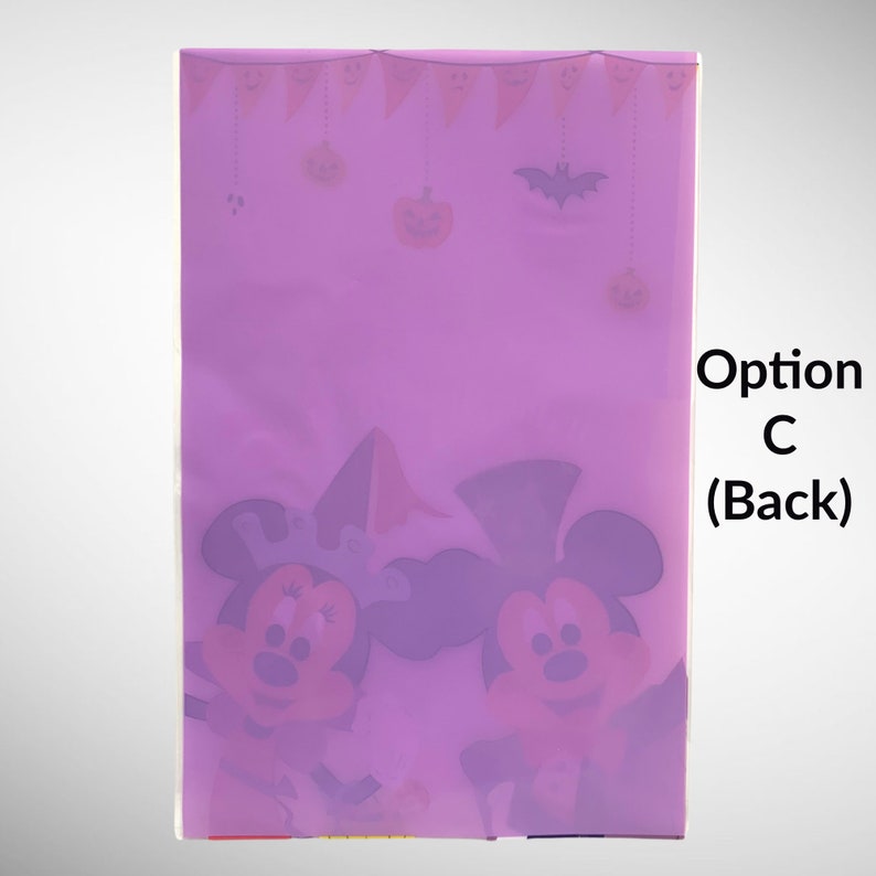 May include: Purple plastic bag with a Halloween theme. The bag features Mickey Mouse and Minnie Mouse dressed in Halloween costumes. The bag has a banner with pumpkins and bats. The text on the bag reads "Option C (Back)".