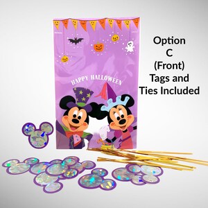 May include: Purple and gold Halloween treat bags with Mickey Mouse and Minnie Mouse dressed in Halloween costumes. The bags have a "Happy Halloween" banner and come with gold twist ties and holographic Mickey Mouse head stickers.