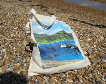 Torba molo Ullapool, ręcznie malowana bawełnaTote - Loch Broom memories