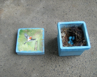 Nido de petirrojos -caja hecha a mano y nido -pintura original