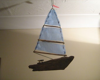 Driftwood sailboat wind mobile /+ ships dog / can turn in a breeze