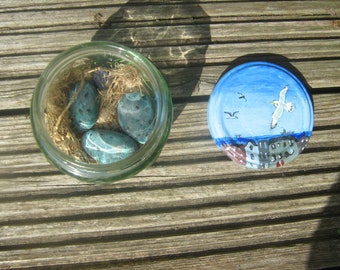 Seabird and its nest -original painting & nest diorama -embossed glass jar ,the Felixstowe skyline