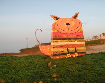 BOBO -beach hut cat sculpture-Felixstowe beach driftwood +sea metal tail
