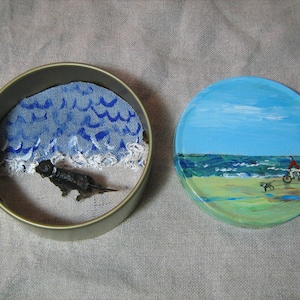 Dog at beach Diorama /Original painting on metal tin/Beach art
