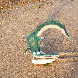 Coastal croc sculpture [driftwood/sea glass/twines#pottery ] positive vibes!!