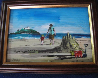 Marazion beach-original painting -St.Michaels mount,Cornish beach art