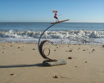 Driftwood surfer lady,sculpture with sea metal/Felixstowe beach origins -positive vibes!