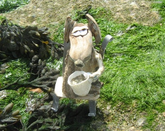 KAVA -driftwood dog sculpture,drinking seadog+sea metal "chair".Felixstowe beach origins