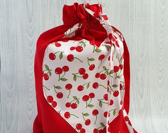 fabric gift bag, red cherries heart, appliqued gift bag, Gift for mother, gift wrap idea, gift wrapping, large drawstring bag, reusable bag