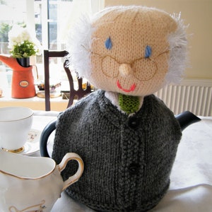 Michael D Higgins, theepot gezellig, handgebreid gezellig, Ierse nieuwigheid gezellig, Michael D gezellig, gemaakt in Ierland, Ierse president, gebreid tafeldecor