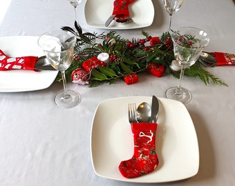 Red fabric stocking, cutlery holder, cutlery pocket, cutlery pouch, Christmas dinner set, festive dinner set, silverware pouch, festive gift
