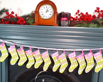 pink advent garland, pink advent bunting, pink advent set, pink mini stockings, snowmen fabric stocking, Pink Christmas decor, pink theme