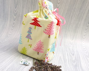 Christmas bag, pink Christmas, pastel pink bag, ribbon tied gift bag, festive wrapping idea, gift bag, reusable wrap, festive trees bag