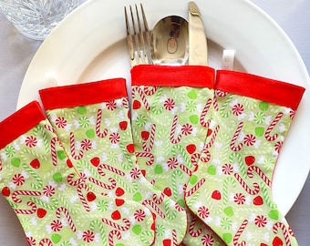 pastel green fabric, fabric stocking, cutlery holder, cutlery pocket, cutlery pouch, candy canes fabric, Christmas dinner set, festive gift