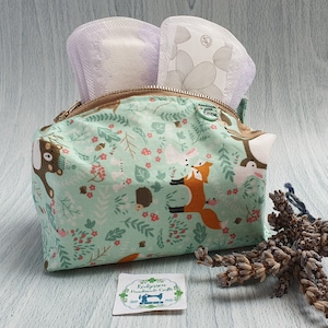 period pads bag, sanitary pad bag, first period bag, teenager girl gift, gift for sister, square cosmetic bag, forest animals fabric