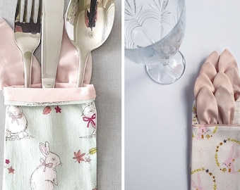 Bunny cutlery holder, Easter bunny fabric, cutlery pocket, Easter fabric pouch, Easter dinner set, dinner table set