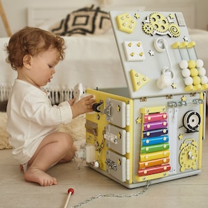 Wooden activity cube, busy cube, busy board, play cube, travel busy cube, mini cube, busy cube for toddler with storage